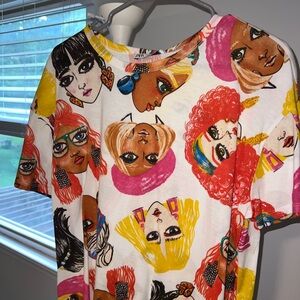 Zara White and Pink Cartoon Print Short Sleeve Tee